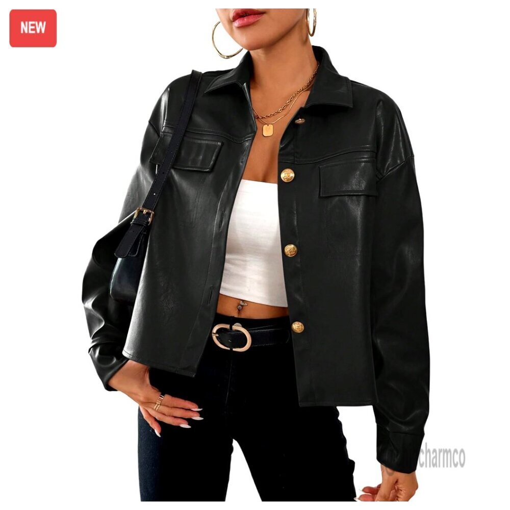 Pu Leather Motorcycle Jacket Long Sleeve Button Front Chic Street Style
